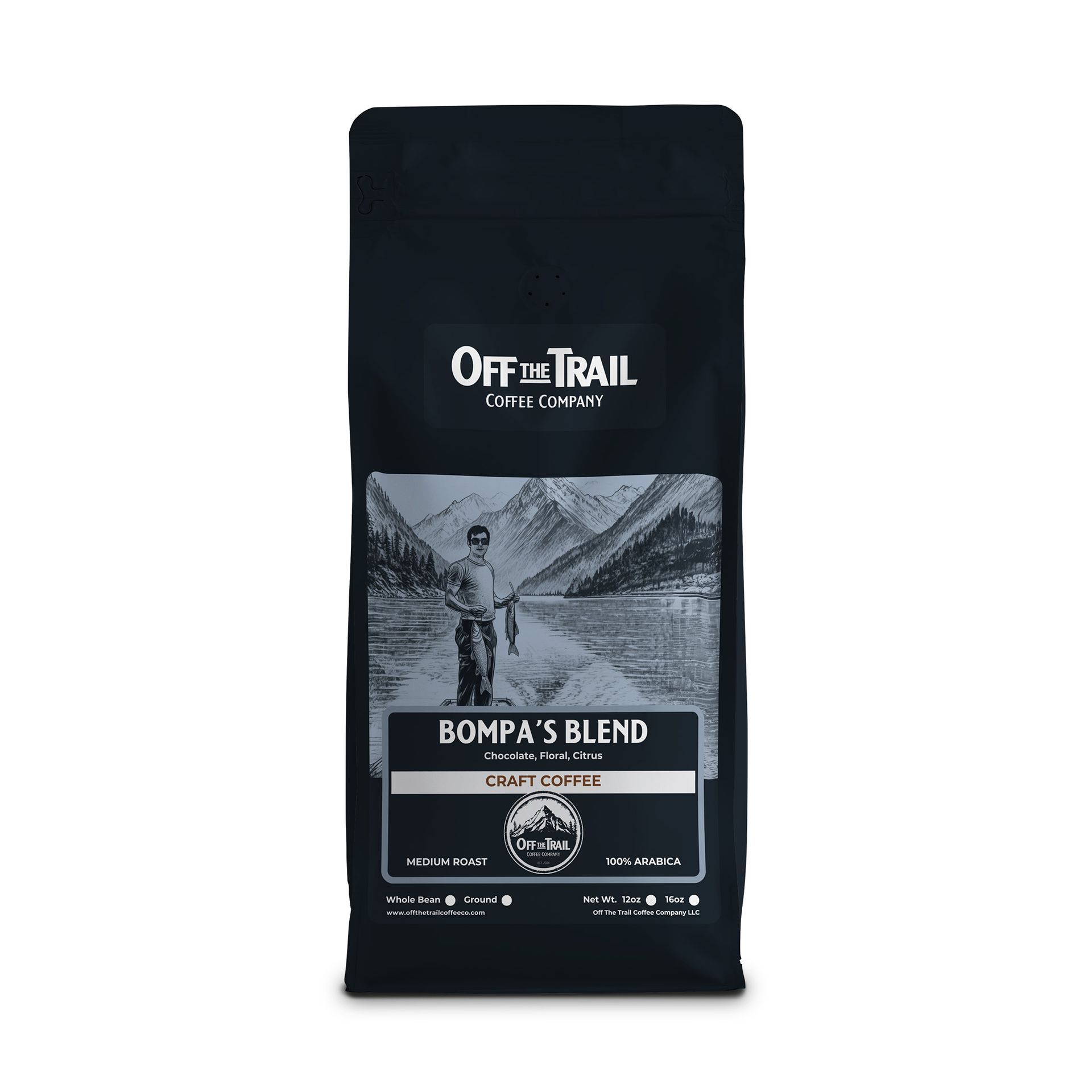 A bag of off the trail bonpa 's blend coffee