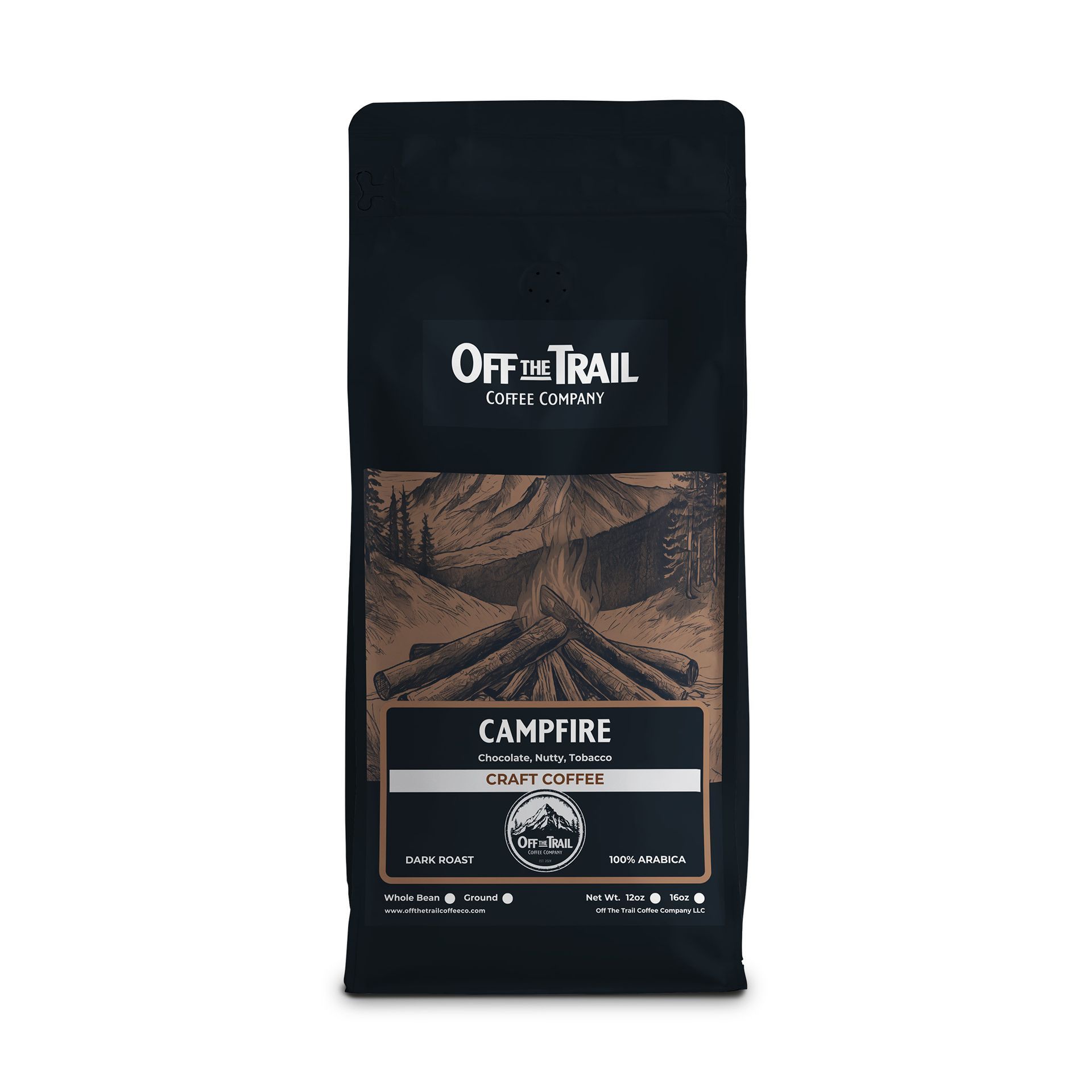 A bag of off the trail campfire coffee beans