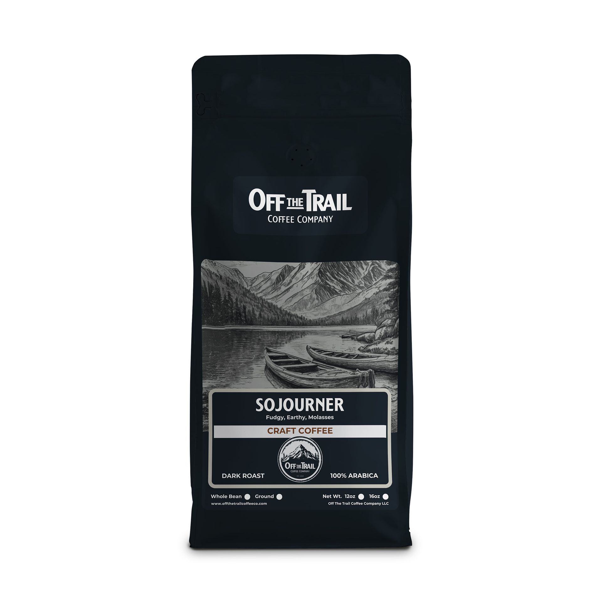 A bag of off the trail sojourner coffee beans
