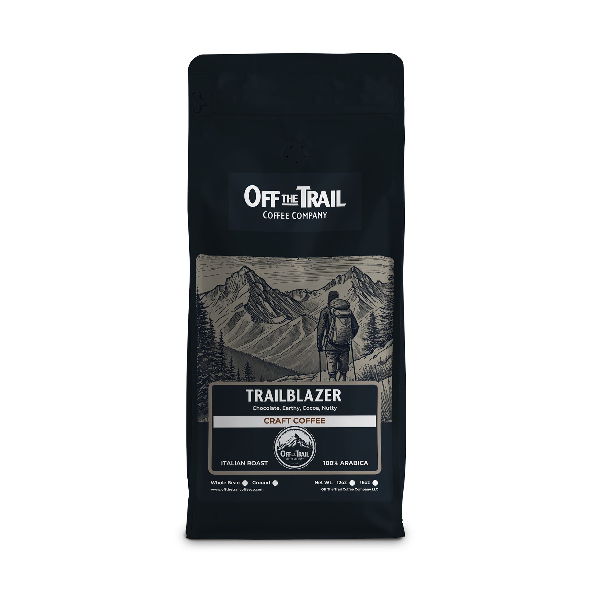 A bag of off the trail trailblazer coffee beans