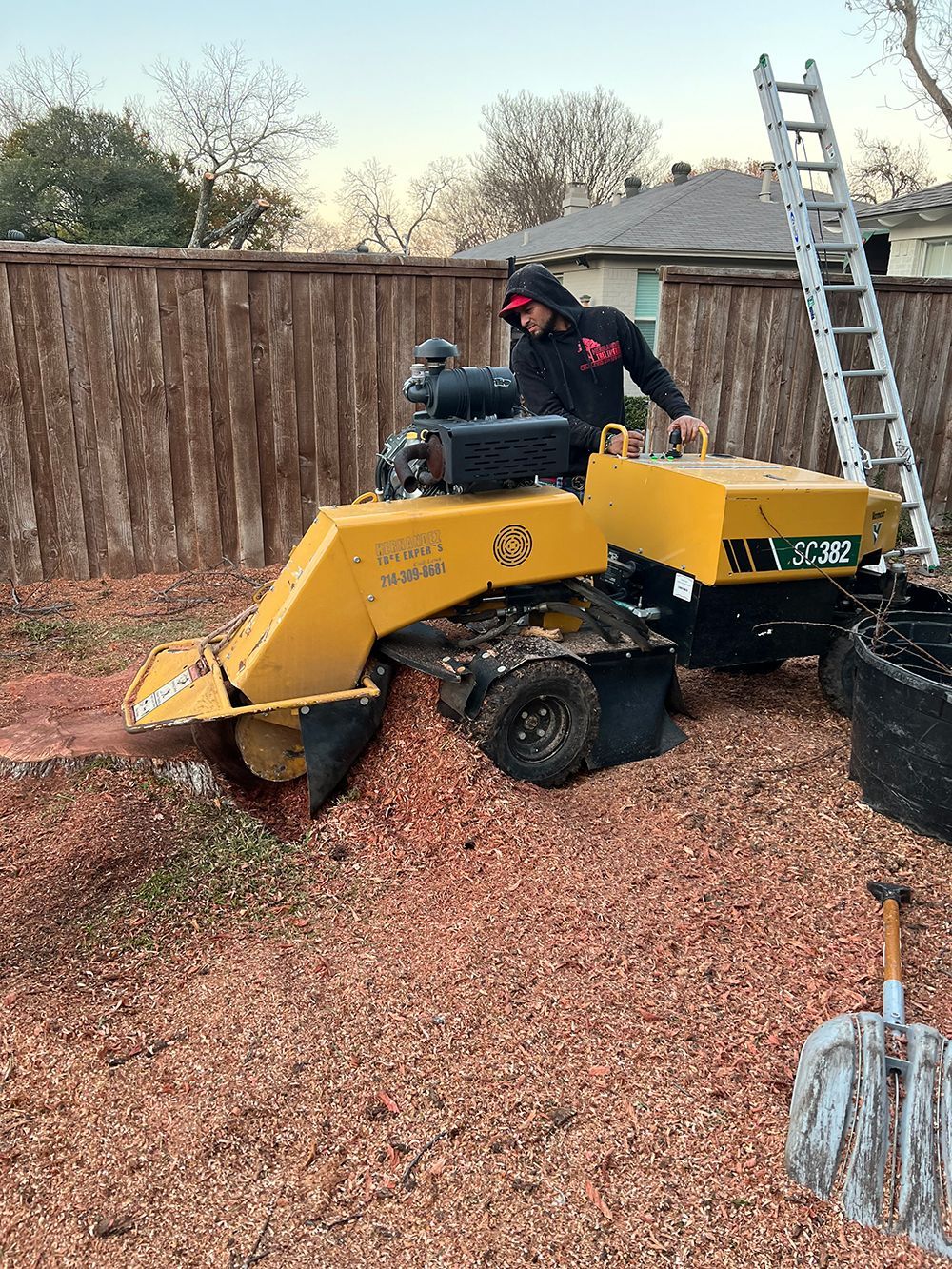 A man is using a stump grinder to remove a tree stump.