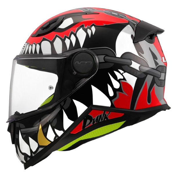 Casco integrale da moto rosso e nero con grafica a bocca di squalo e dettagli gialli.