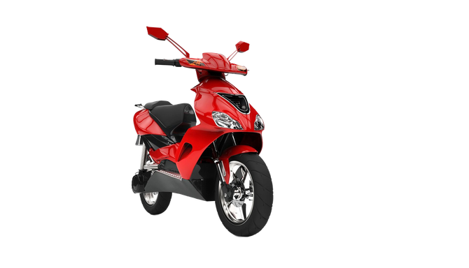 Monopattino rosso con sella e ruote nere su sfondo bianco.