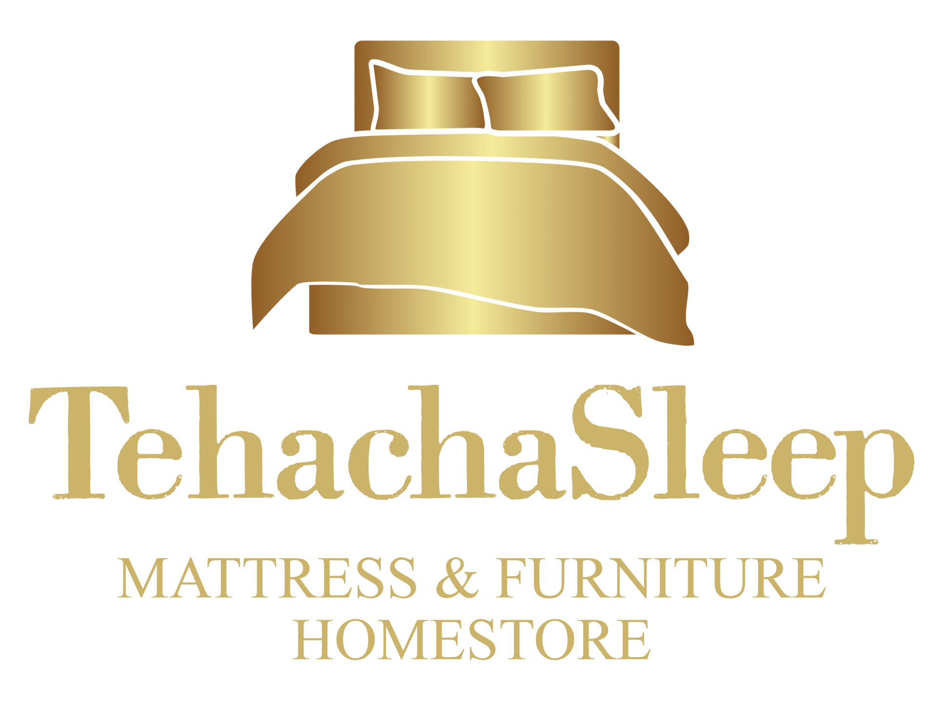 TehachaSleep logo with gold bed icon and text: Mattress & Furniture Home.