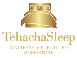 TehachaSleep logo with gold bed icon and text: Mattress & Furniture Home.