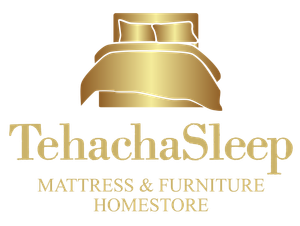 TehachaSleep logo with gold bed icon and text: Mattress & Furniture Home.