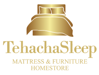 TehachaSleep logo with gold bed icon and text: Mattress & Furniture Home.