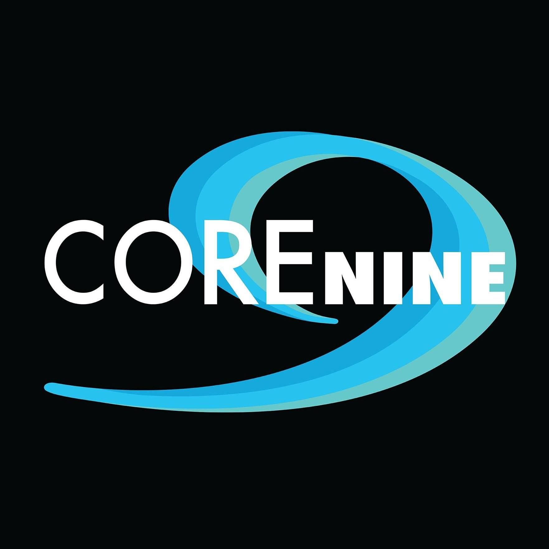 CORENINE logo with white text and a blue swoosh on a black background
