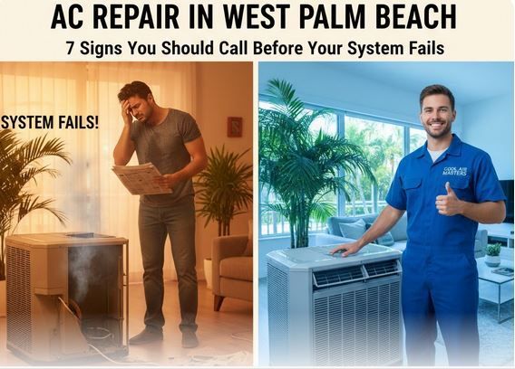 AC repair advertisement: Man frustrated with failing AC, contrasted with smiling technician. West Palm Beach.