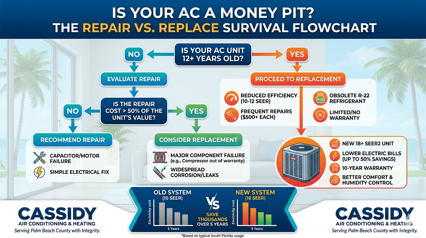HVAC repair vs. replace decision flowchart for South Florida homeowners, showing cost comparisons between old 10 SEER units and new high-efficiency 18 SEER systems, featuring Cassidy Air Conditioning & Heating branding.