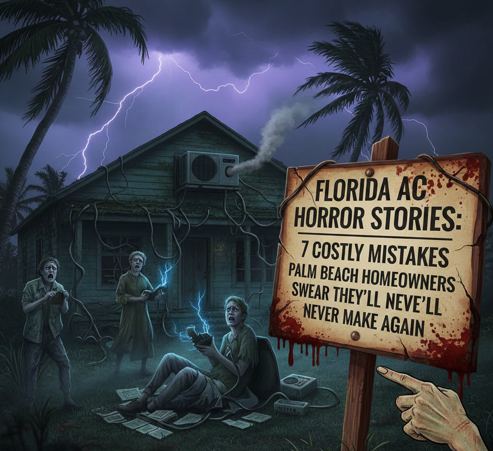 A spooky scene of a house with AC unit, lightning, and a sign warning about Florida AC mistakes.