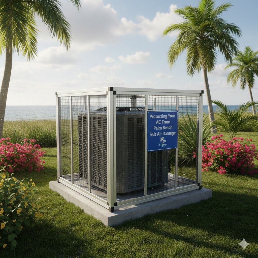 AC unit in a metal cage on grass, near ocean with palm trees.