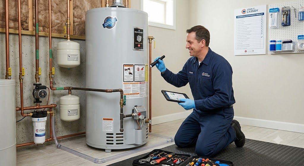 Professional plumber inspecting home plumbing lines for leaks and corrosion during routine maintenan