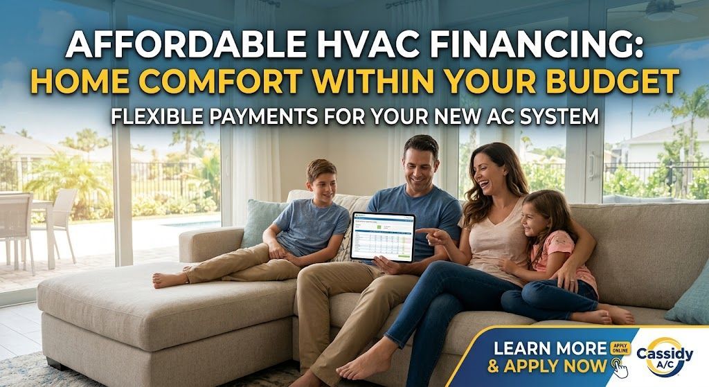 A happy family reviewing HVAC financing and flexible payment options on a tablet at home.