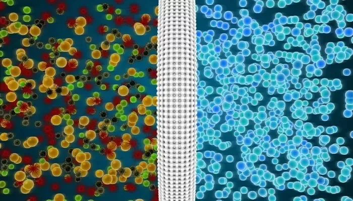 Purification concept: Filter separating contaminated water (left, colorful) from clean water (right, blue).
