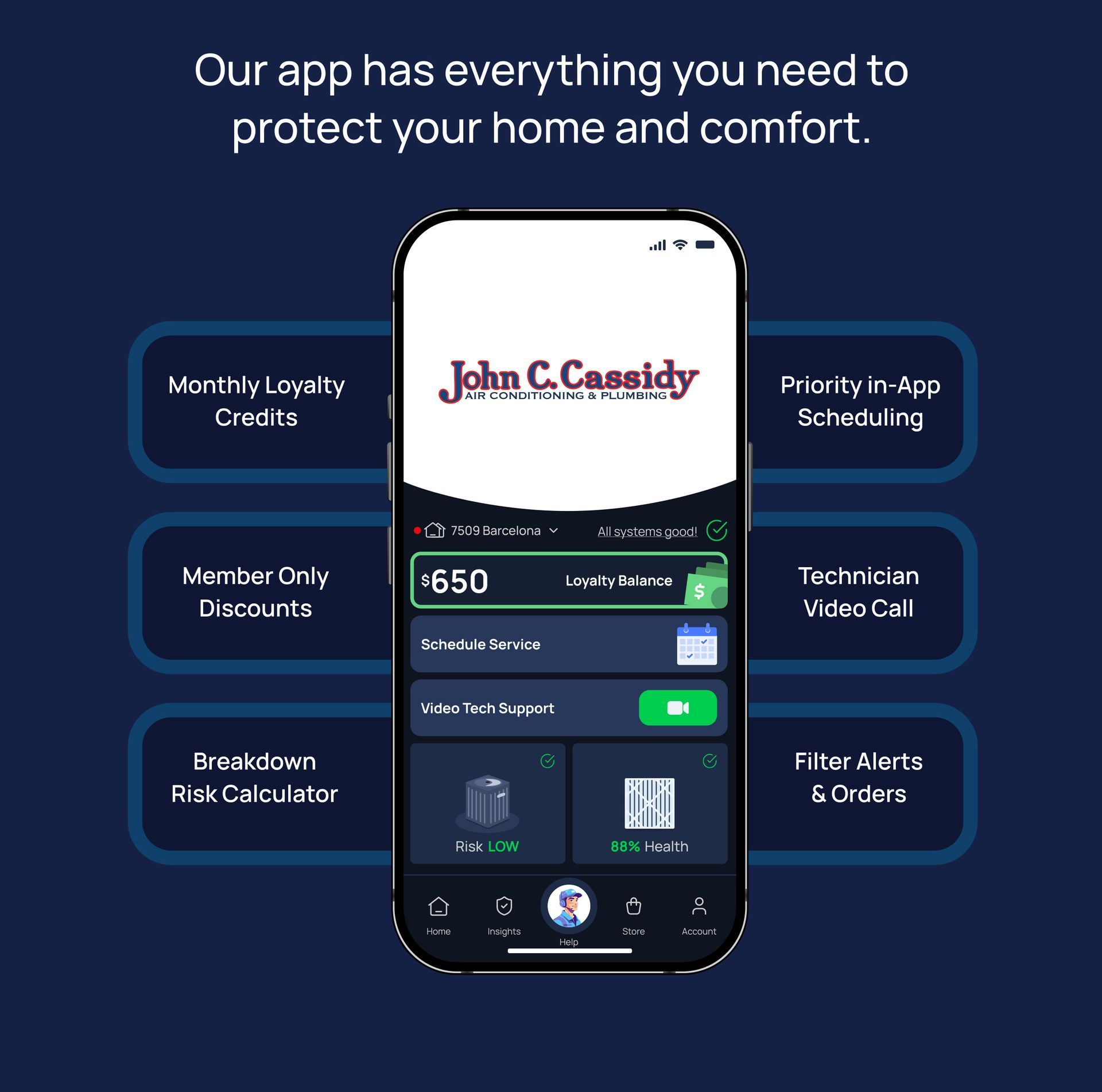 App graphic: Phone displaying home service app features, text boxes with benefits. Blue background.