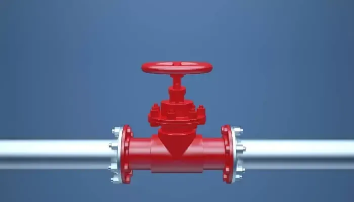 Red valve on a silver pipe against a blue background, likely representing flow control.