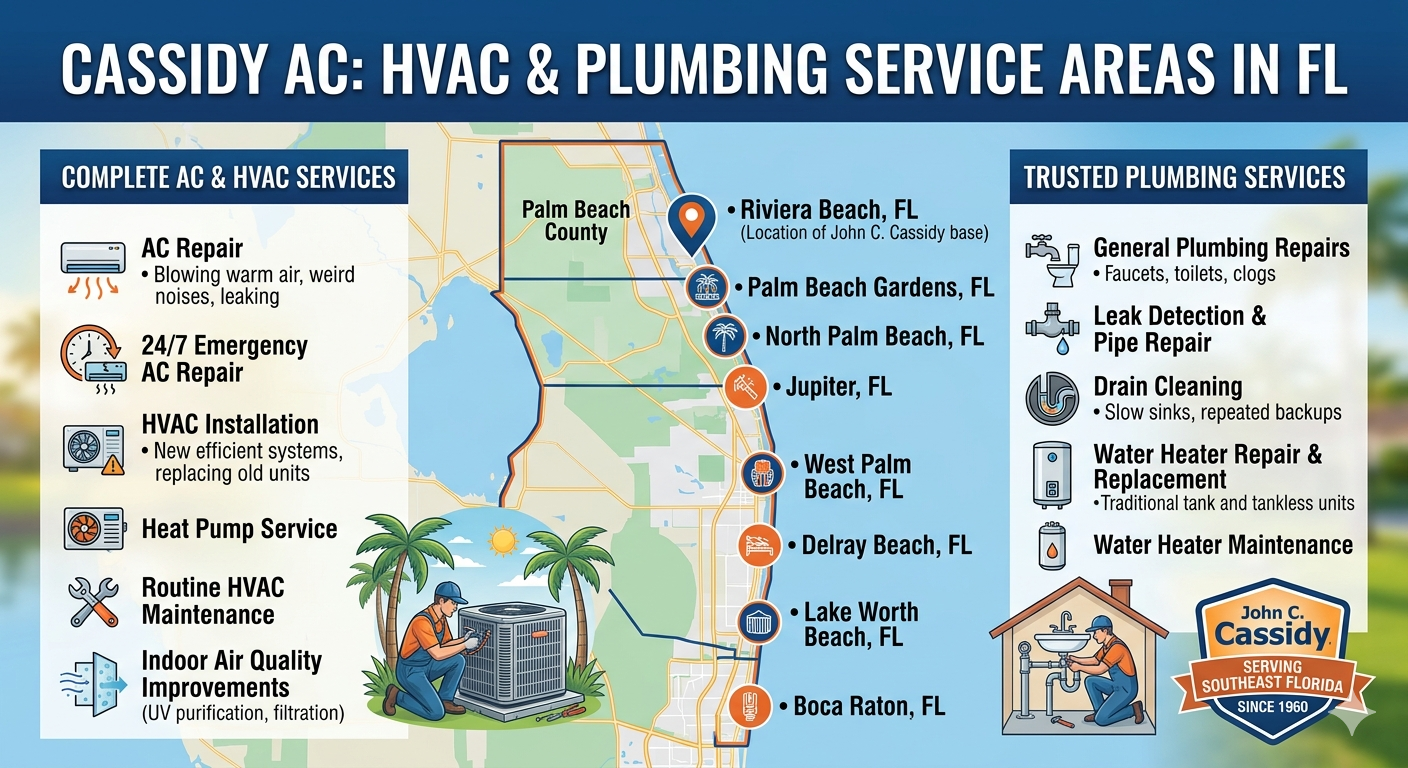 Infographic for John C. Cassidy Air Conditioning & Plumbing showing service areas in Palm Beach County, FL, including Riviera Beach, Jupiter, and Boca Raton. The image lists HVAC services like 24/7 AC repair and installation alongside plumbing services such as leak detection and water heater replacement.