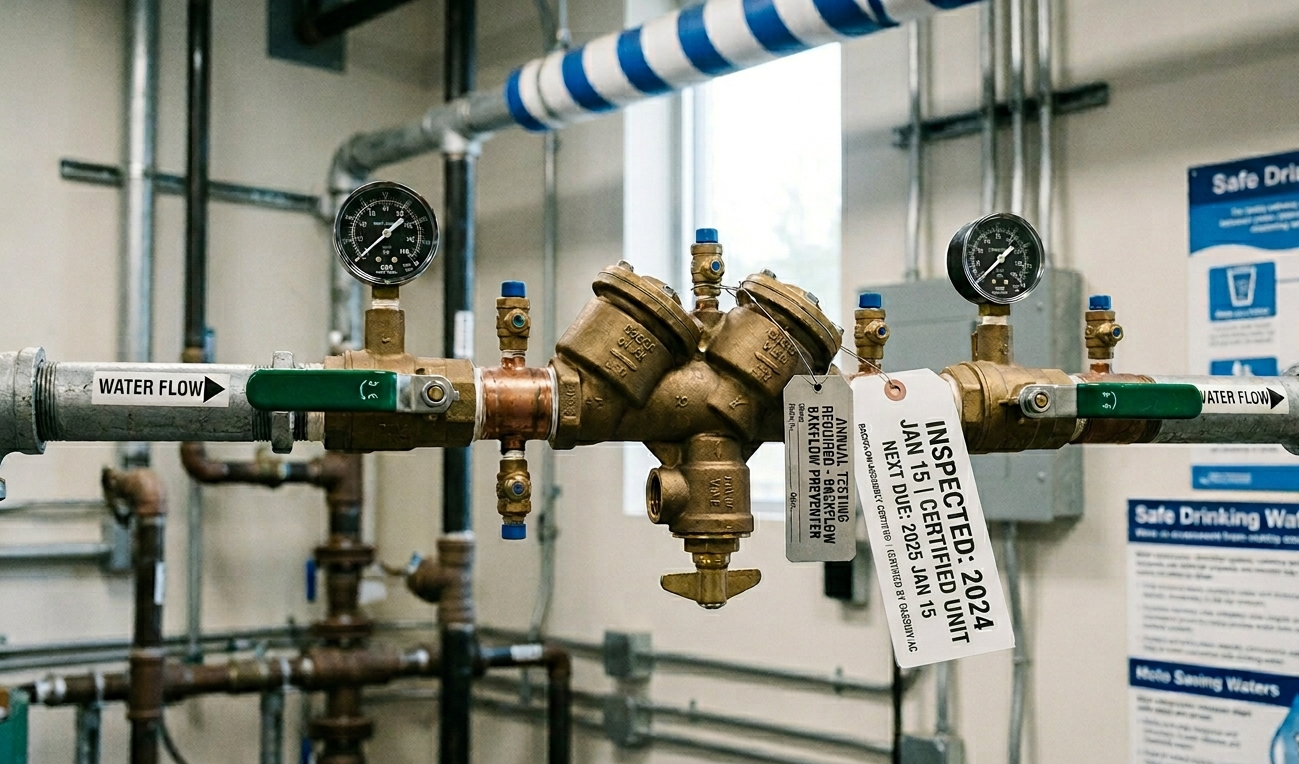 Commercial backflow prevention assembly valve with inspection tags in a facility plumbing system.
