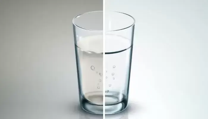 A glass of liquid, half filled; the left side is lighter, right side is clear with bubbles, on a white surface.