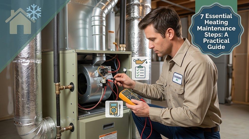 HVAC technician performing heating maintenance inspection and electrical test on a furnace