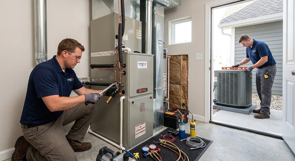 Two technicians performing residential HVAC install