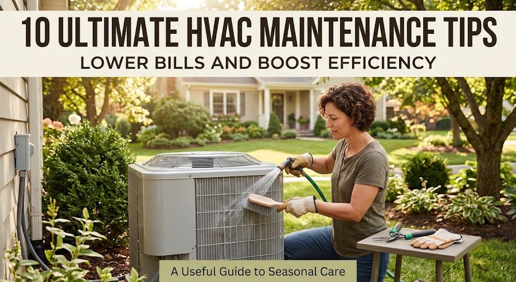 A homeowner performing routine HVAC maintenance by cleaning the outdoor condenser coils
