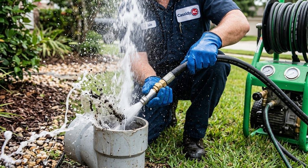 Professional plumber using hydro jetting equipment to clean an outdoor sewer cleanout line.