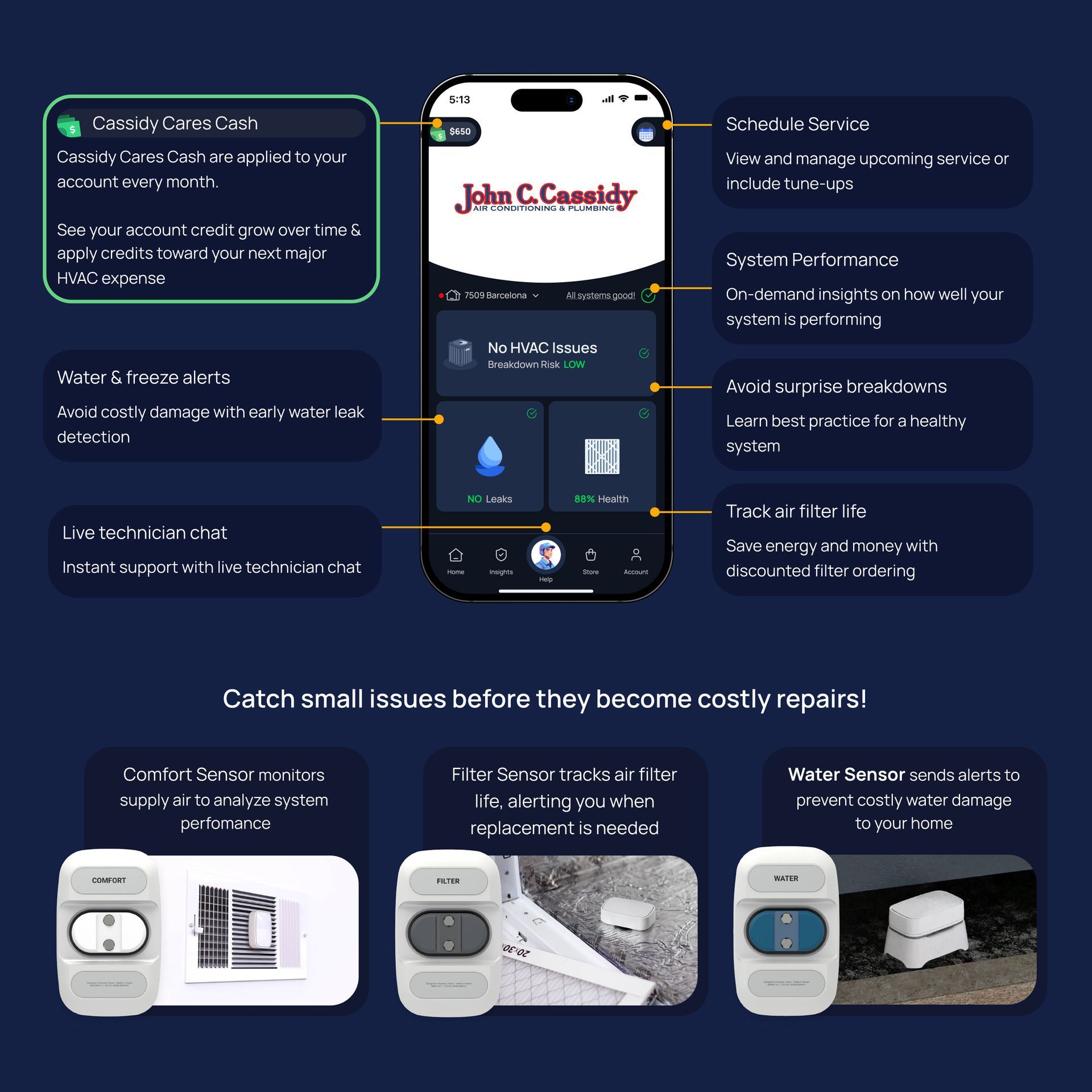 Smartphone app showing home sensors. Monitors air quality, water leaks, and temperature. Catches issues before they become costly.