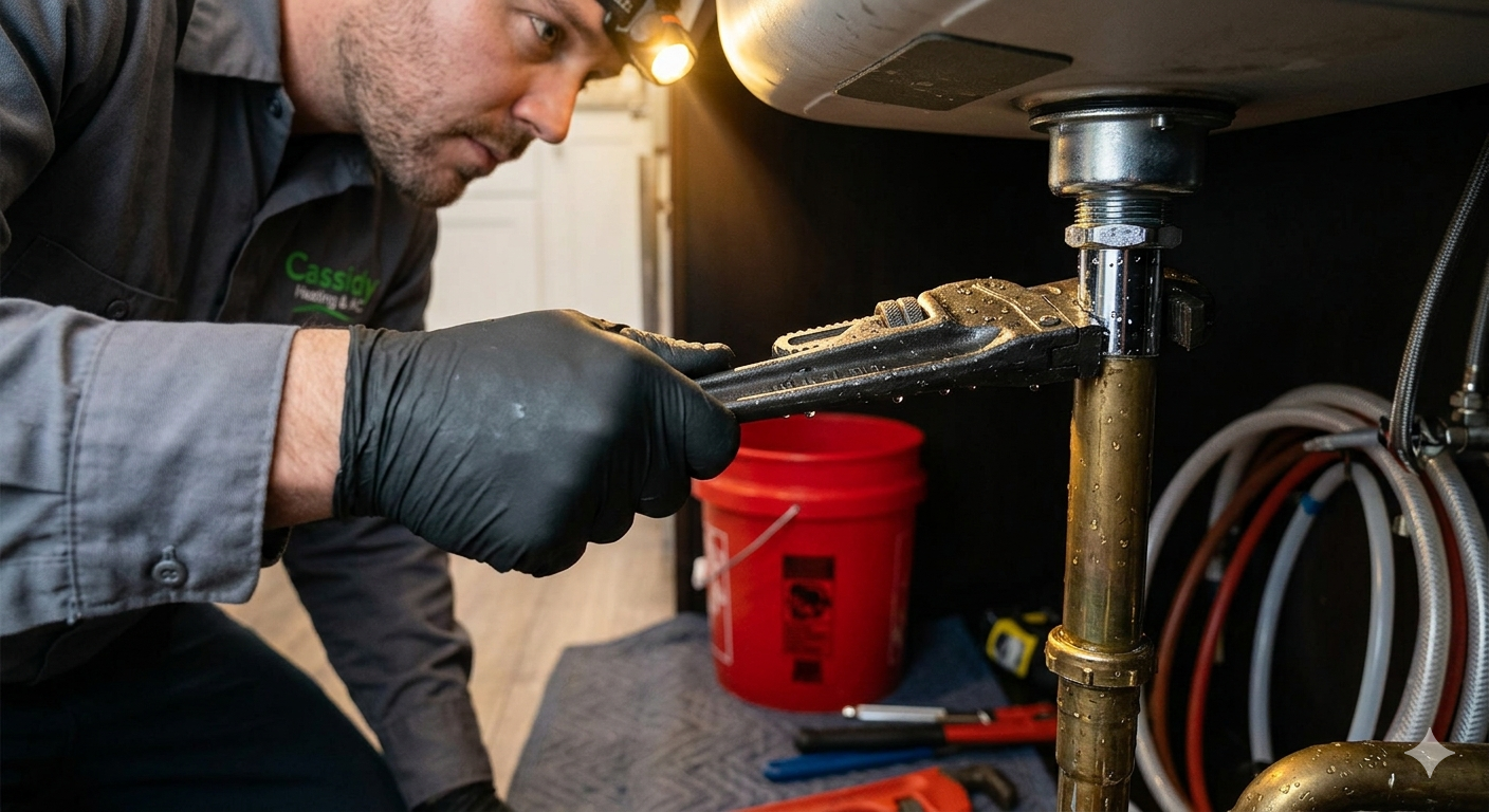 A Cassidy Heating & AC plumber using a wrench and smart diagnostics app to fix a leaky sink pipe during a repair call.