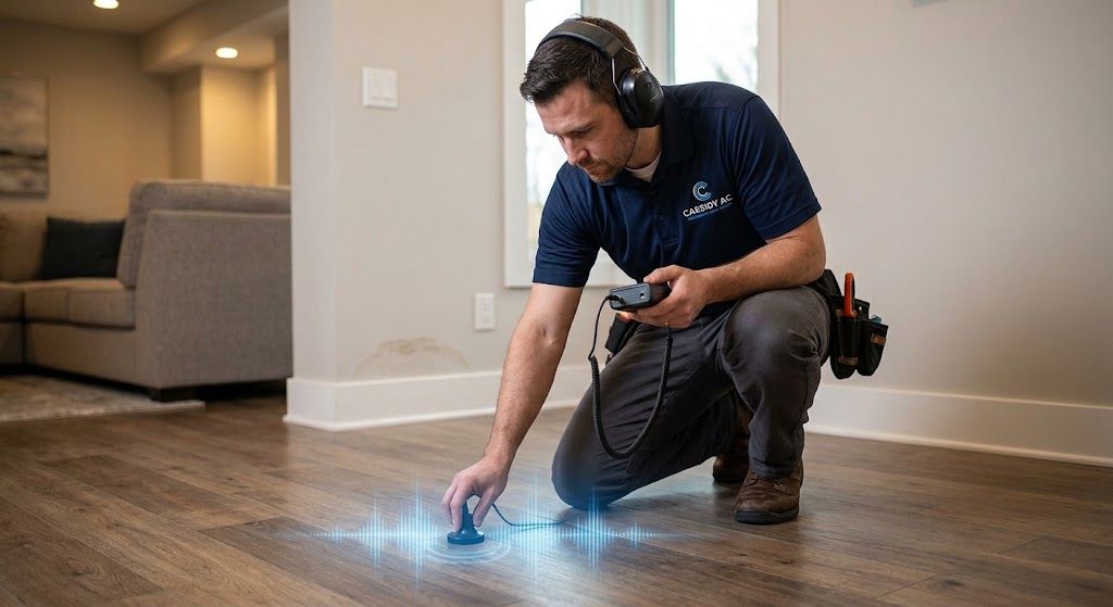 Technician using acoustic equipment for residential leak detection on hardwood floor.
