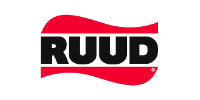 RUUD logo: Black text on a red background shaped like a wave, white backdrop.