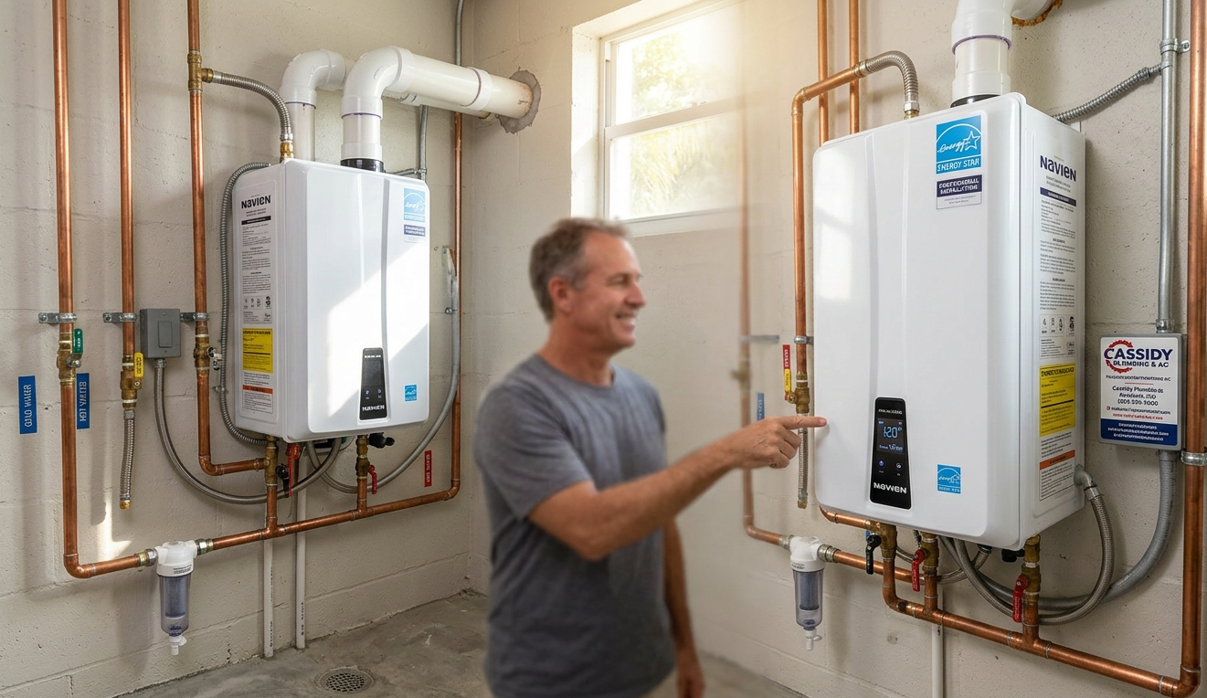 Professional tankless water heater installation in a home utility room by Cassidy Plumbing and AC.