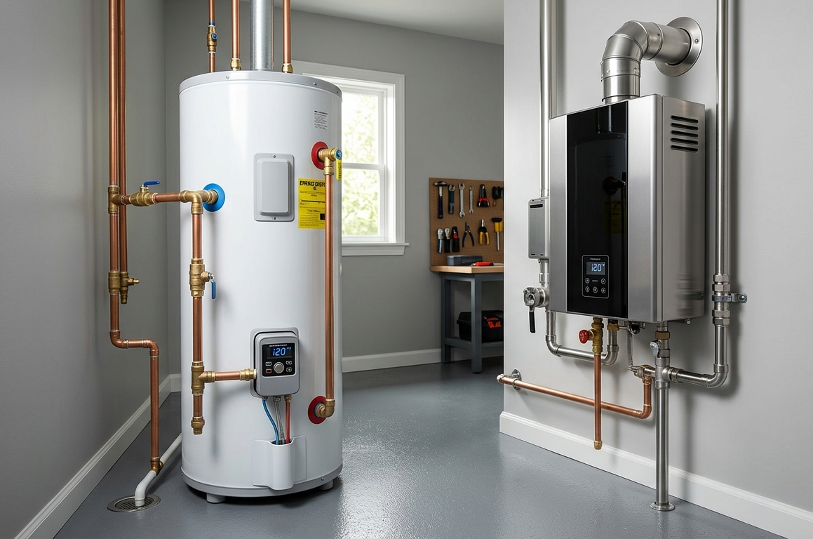 Modern tankless water heater mounted next to a traditional storage tank unit in a clean utility room
