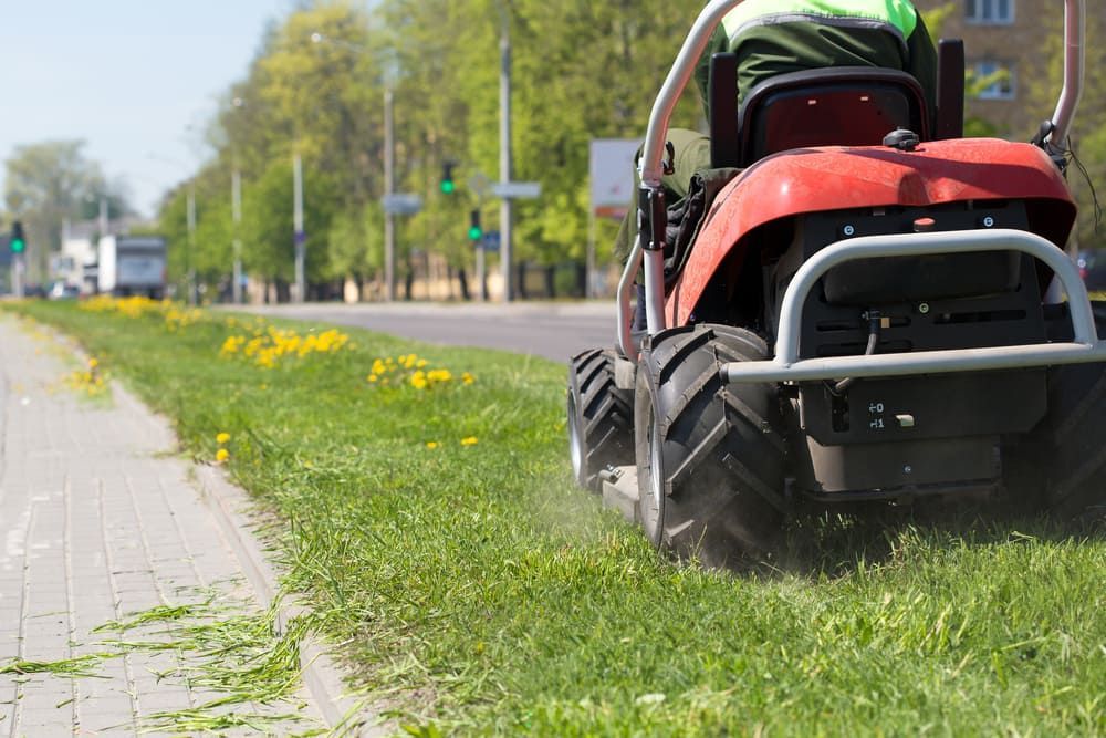 A Person on a Red Lawn Tractor Mows Grass — Tuggerah Outdoor Power in Tuggerah, NSW