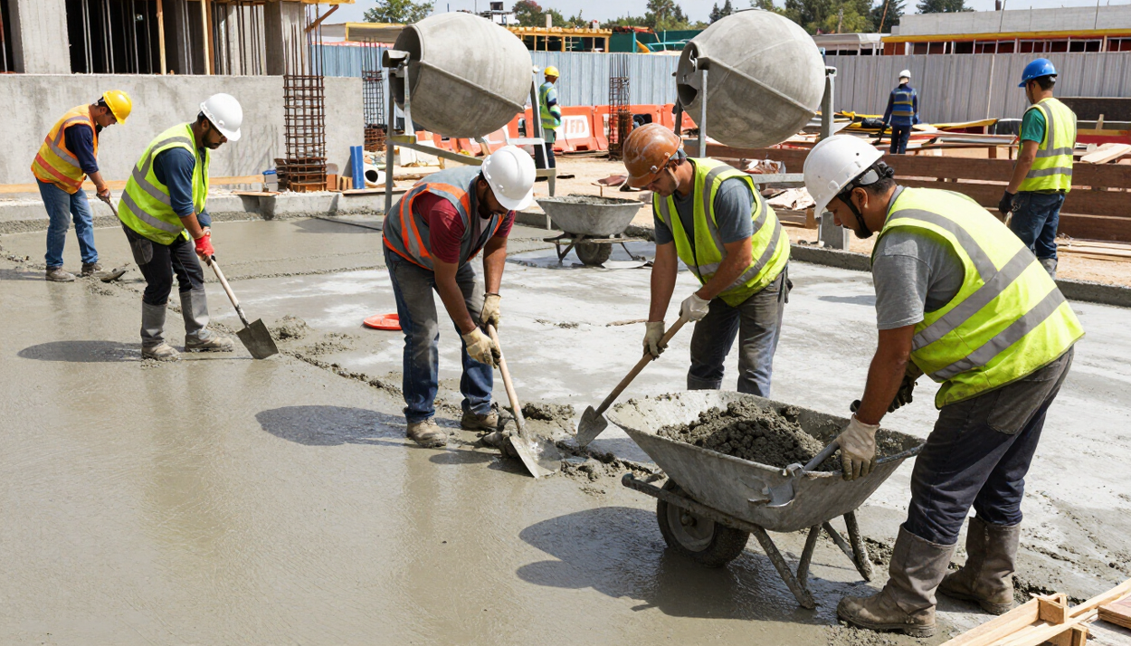 “Crew spreading freshly poured concrete with rakes and wheelbarrows on a job site for concrete contractors in Antelope, CA”