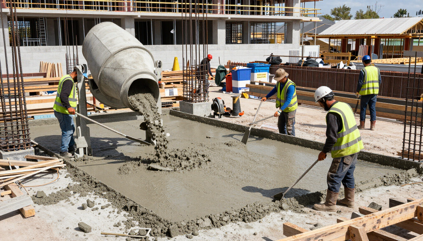 “Workers placing wet concrete from a mixer truck into a large slab area for concrete contractors in Antelope, CA”