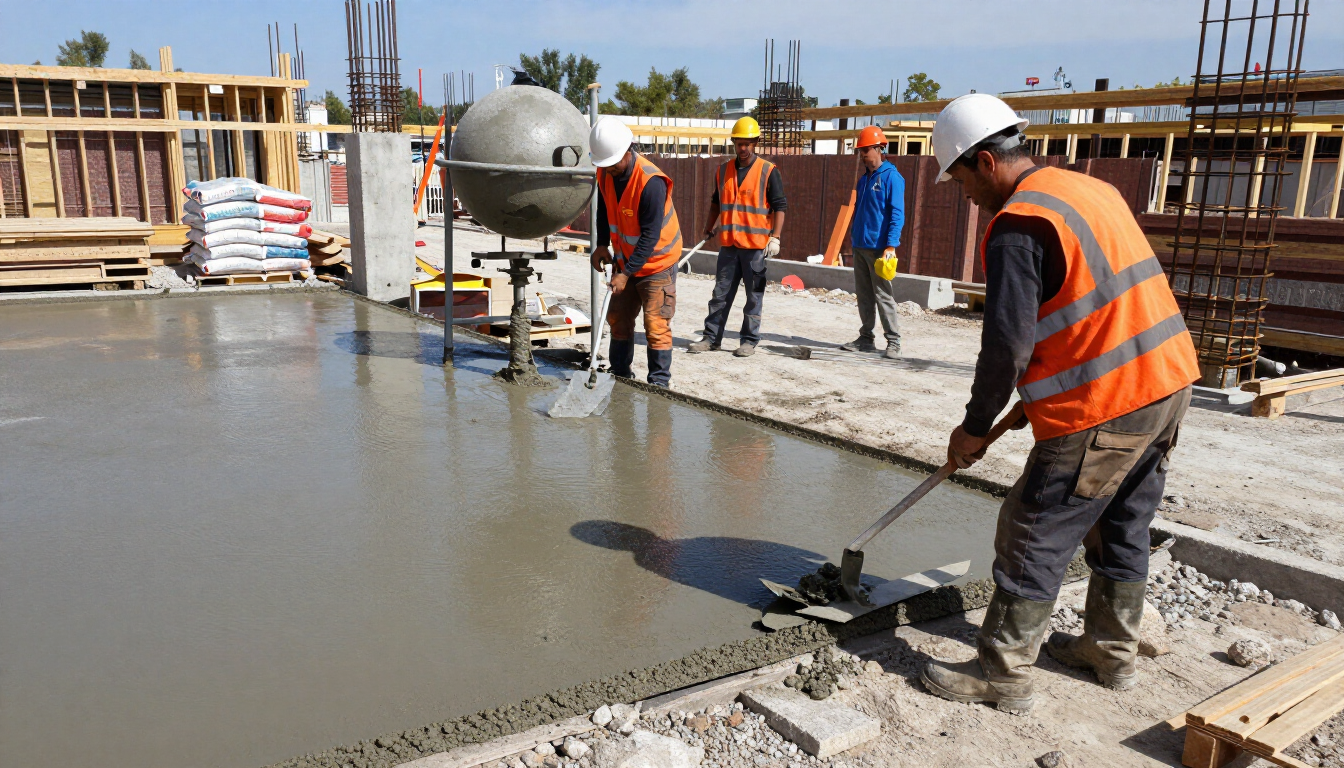 “Worker smoothing a fresh concrete slab with a long finishing tool for concrete contractors in Antelope, CA”