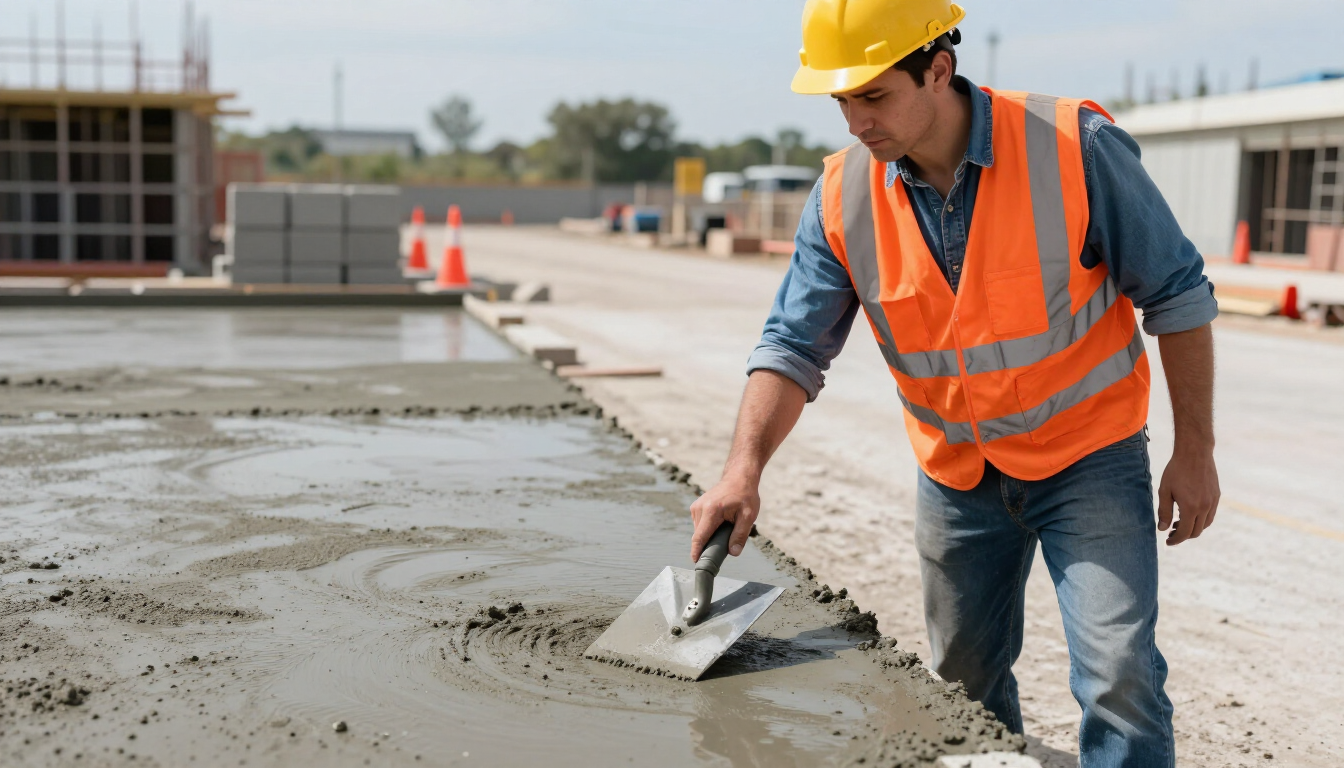“Worker finishing a wet concrete surface with a hand trowel while wearing safety gear for concrete contractors in Antelope, CA”