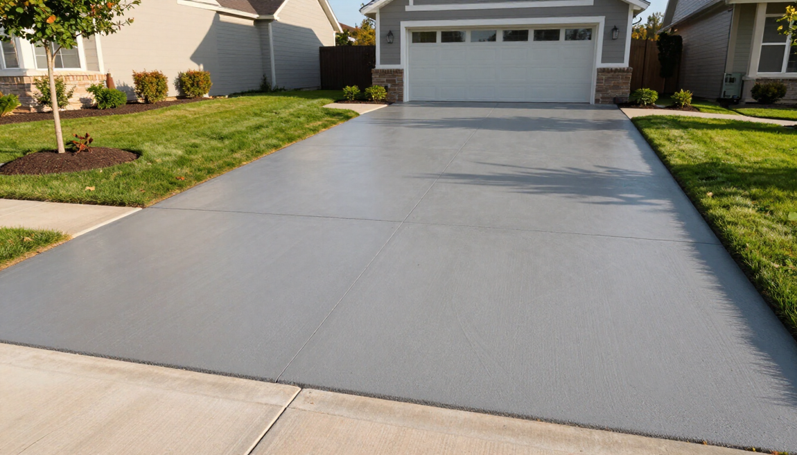 “Smooth gray concrete driveway leading to a home garage after work by concrete contractors in Antelope, CA”