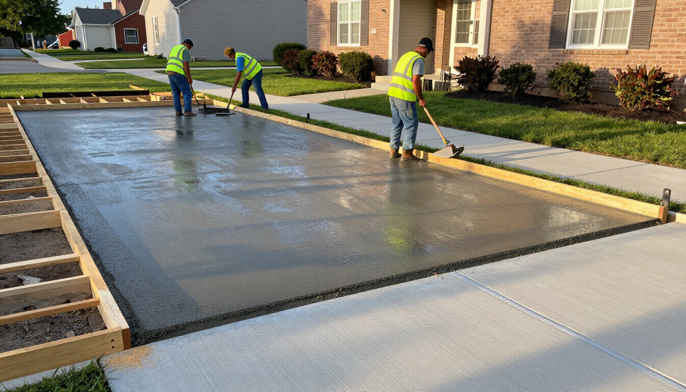 “Crew finishing a wide wet concrete driveway in front of a home for concrete contractors in Antelope, CA”