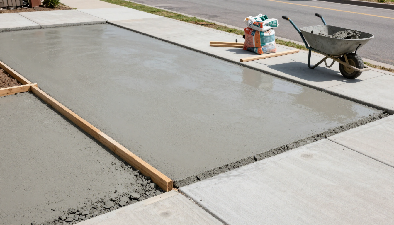 “Freshly poured concrete driveway section with wood forms, wheelbarrow, and finishing tools for concrete contractors in Antelope, CA”