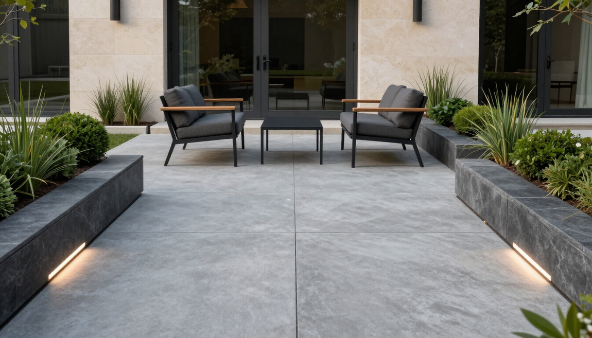 “Modern concrete patio with outdoor seating, planter walls, and soft landscape lighting by concrete contractors in Antelope, CA”