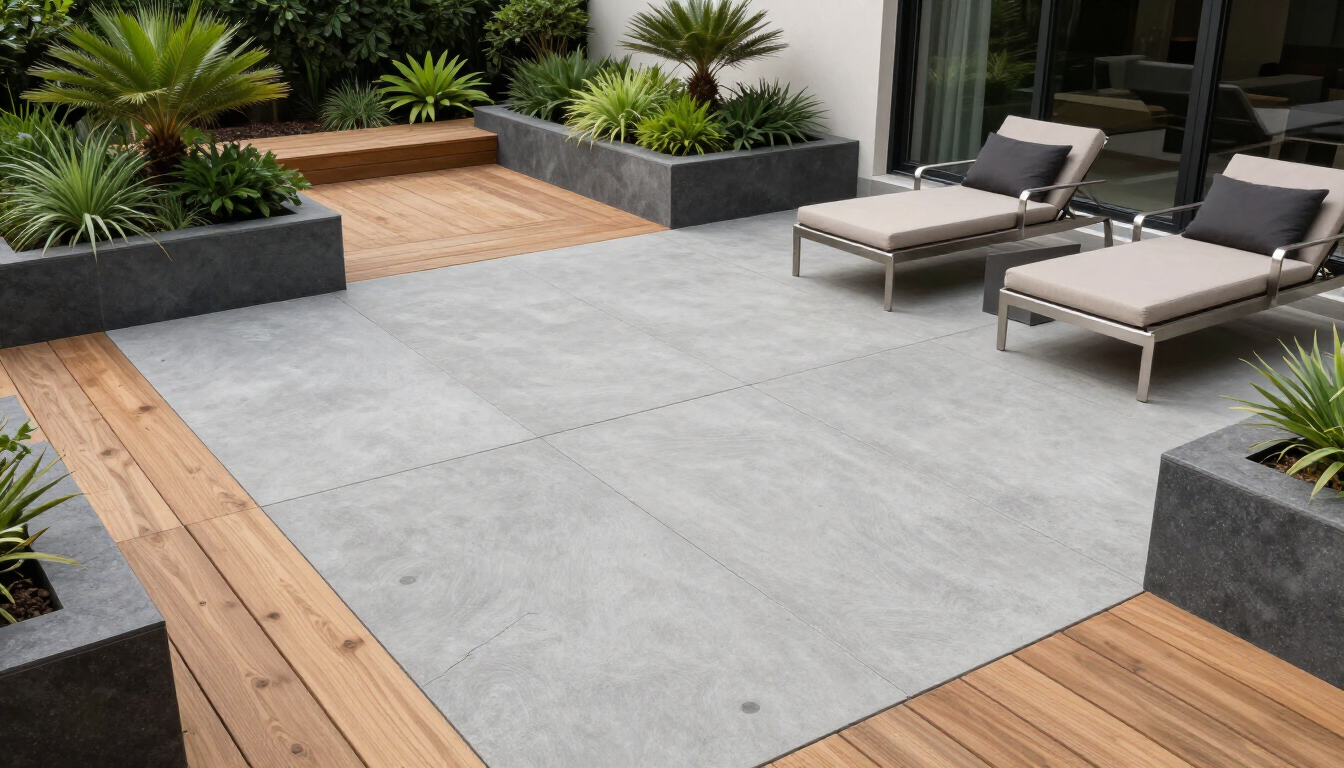 “Spacious concrete patio with lounge chairs, wood accents, and garden planters by concrete contractors in Antelope, CA”