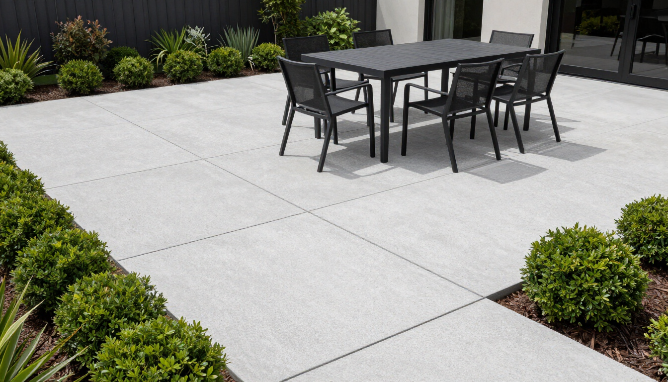 “Backyard concrete patio with dining table, chairs, and clean square slab joints by concrete contractors in Antelope, CA”