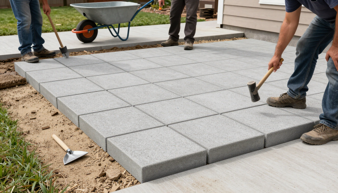 “Workers installing square concrete pavers in a clean grid pattern for concrete contractors in Antelope, CA”