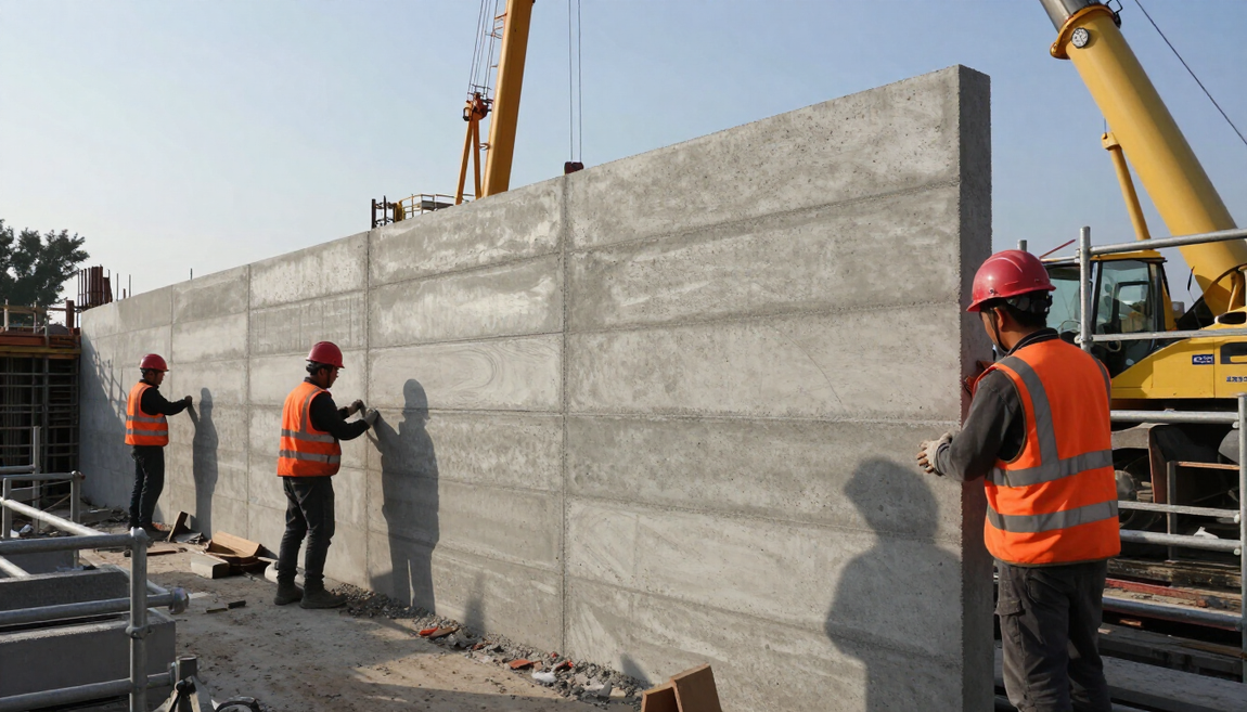 “Workers guiding a large precast concrete wall panel into place on a construction site for concrete contractors in Antelope, CA”