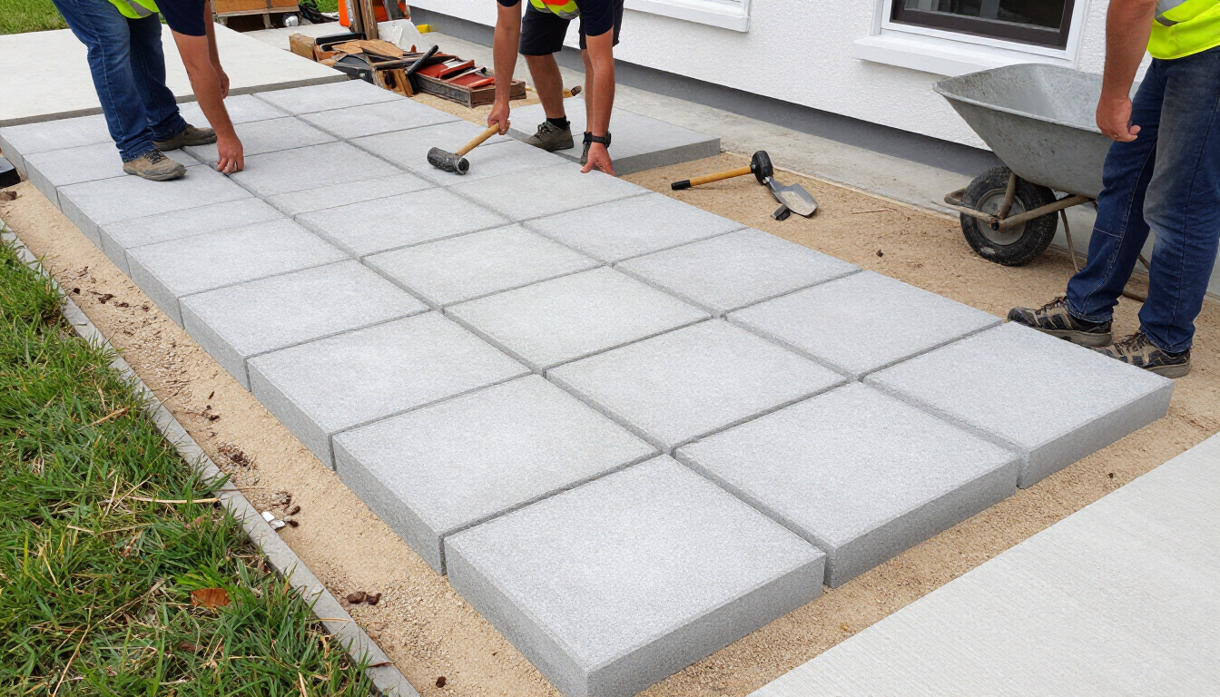 “Workers laying square concrete pavers beside a house to create a clean walkway by concrete contractors in Antelope, CA”