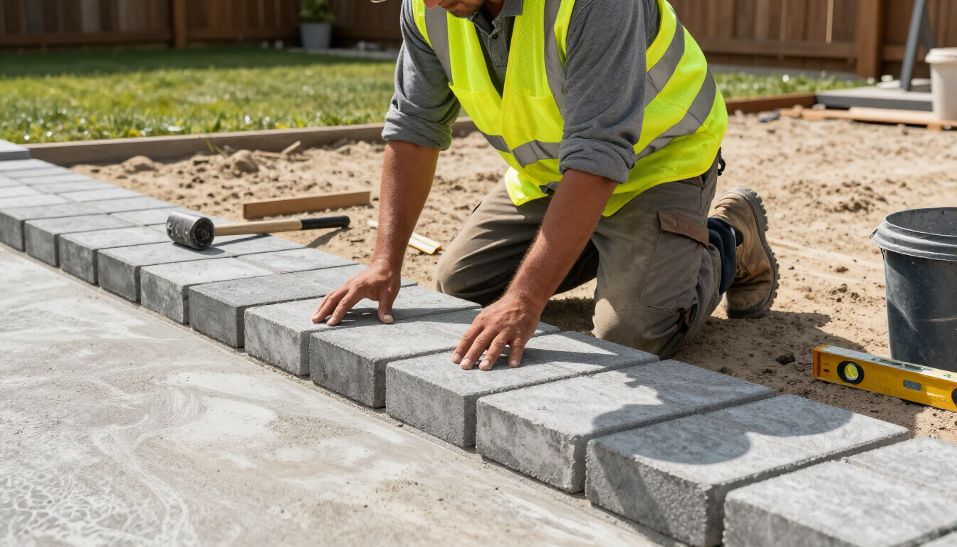 “Worker carefully setting concrete pavers in a straight border line for concrete contractors in Antelope, CA”
