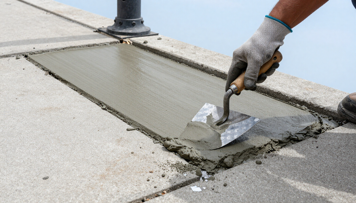 “Worker using a hand trowel to smooth a fresh concrete repair patch for concrete contractors in Antelope, CA”